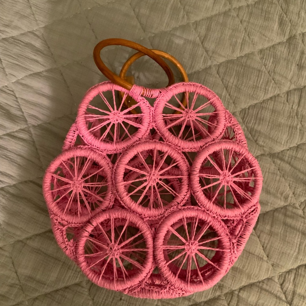 Purple Woven Circular Tote with Wooden Handles